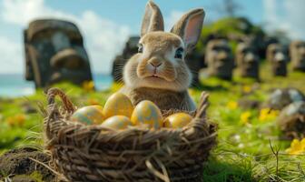 The Easter Bunny stands near a basket of Easter Eggs on the island of Rapa Nui with the Moai statues photo