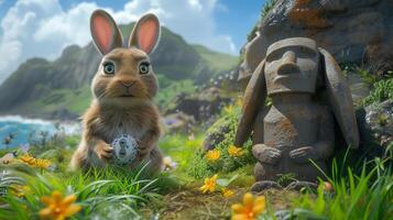 A Bunny holding Easter egg on Easter Island - Rapa Nui against the background of Moai bunny statue photo