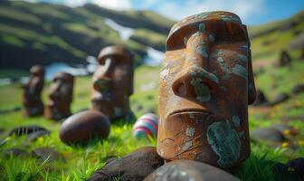 Ancient Moai statues and Easter eggs on Rapa Nui Easter Island photo