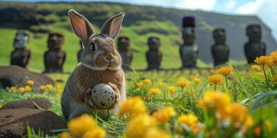 A Bunny holding Easter egg on Easter Island - Rapa Nui against the background of Moai statues photo