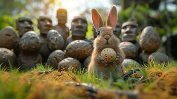 A Bunny holding Easter egg on Easter Island - Rapa Nui against the background of Moai statues photo