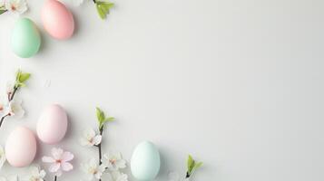 Flat lay accessory bunny eggs floral on modern beautiful white paper at home office desk photo
