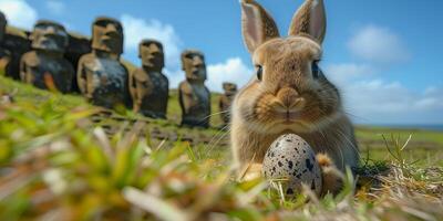 A Bunny holding Easter egg on Easter Island - Rapa Nui against the background of Moai statues photo