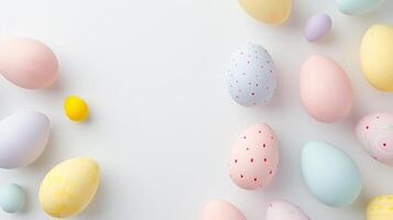 Flat lay accessory bunny eggs floral on modern beautiful white paper at home office desk photo