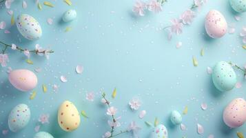 Easter eggs with flowers on pastel blue background photo