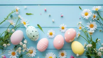 Sakura blossom flower, colorful happy easter eggs on wood blue spring background photo