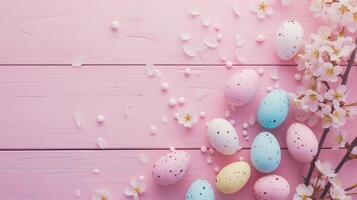 Sakura blossom flower, colorful happy easter eggs on wood pink spring background photo