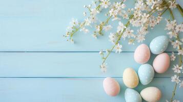 Sakura blossom flower, colorful happy easter eggs on wood blue spring background photo
