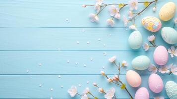 Sakura blossom flower, colorful happy easter eggs on wood blue spring background photo