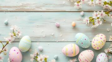Sakura blossom flower, colorful happy easter eggs on wood blue spring background photo