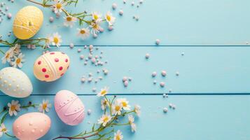 Sakura blossom flower, colorful happy easter eggs on wood blue spring background photo