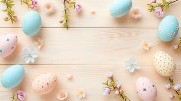 Sakura blossom flower, colorful happy easter eggs on wood beige spring background photo