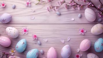 Sakura blossom flower, colorful happy easter eggs on wood violet spring background photo
