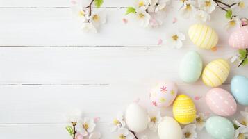 Sakura blossom flower, white happy easter eggs on white wood spring background photo