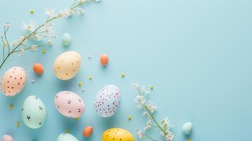 Easter eggs with flowers on pastel blue background photo