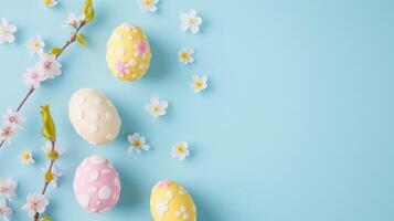 Easter eggs with flowers on pastel blue background photo