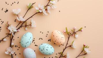 Flat lay accessory bunny eggs floral on modern beautiful beige paper at home office desk photo