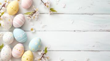 Sakura blossom flower, white happy easter eggs on white wood spring background photo