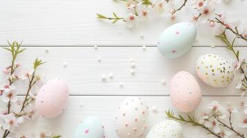 Sakura blossom flower, white happy easter eggs on white wood spring background photo