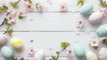 Sakura blossom flower, white happy easter eggs on white wood spring background photo
