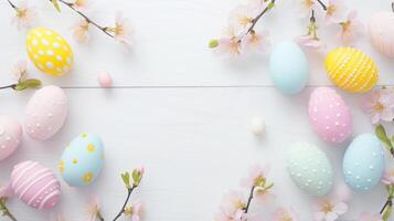Sakura blossom flower, white happy easter eggs on white wood spring background photo