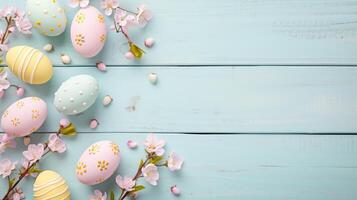Sakura blossom flower, colorful happy easter eggs on wood blue spring background photo