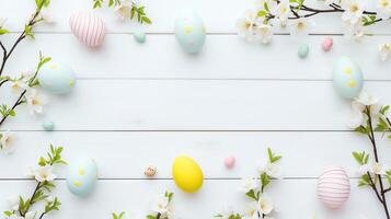 Sakura blossom flower, white happy easter eggs on white wood spring background photo