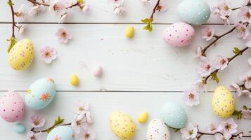 Sakura blossom flower, white happy easter eggs on white wood spring background photo