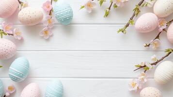 Sakura blossom flower, white happy easter eggs on white wood spring background photo