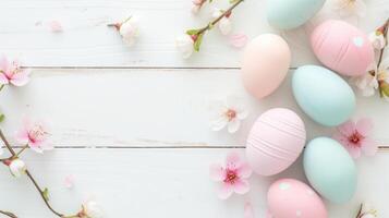 Sakura blossom flower, white happy easter eggs on white wood spring background photo