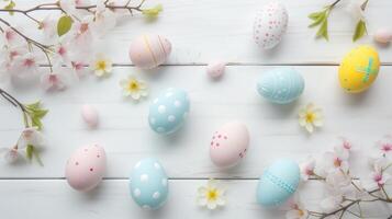 Sakura blossom flower, white happy easter eggs on white wood spring background photo