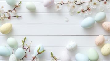 Sakura blossom flower, white happy easter eggs on white wood spring background photo