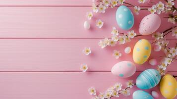 Sakura blossom flower, colorful happy easter eggs on wood pink spring background photo