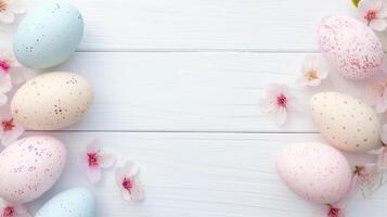 Sakura blossom flower, white happy easter eggs on white wood spring background photo