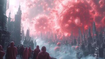 Frightened crowd of people in panic amid explosion of new Virus X or Disease X on street of metropolis - back view photo