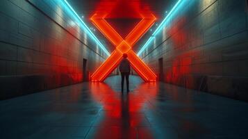A lonely boy standing in an underpass in front of letter X - concept of disease and virus X photo