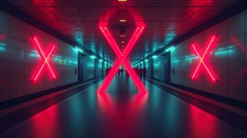 A crowd of people walking in an underground passage with a red letter X that prevents movement - disease X photo