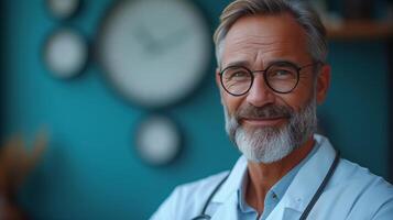 Elderly bearded male doctor in white uniform with stethoscope on the background of medical research laboratory photo