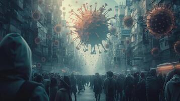 Frightened crowd of people in panic amid explosion of new Virus X or Disease X on street of metropolis - back view photo