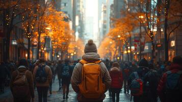 Anonymous among a crowd of people walking down street at sunset - back view photo