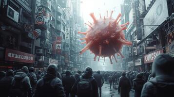 Frightened crowd of people in panic amid explosion of new Virus X or Disease X on street of metropolis - back view photo