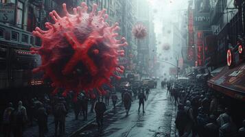 Frightened crowd of people in panic amid explosion of new Virus X or Disease X on street of metropolis - back view photo