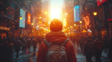 Anonymous among a crowd of people walking down street at sunset - back view photo
