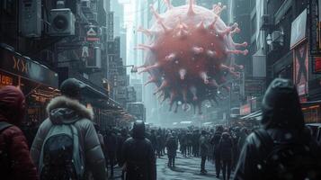 Frightened crowd of people in panic amid explosion of new Virus X or Disease X on street of metropolis - back view photo