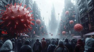 Frightened crowd of people in panic amid explosion of new Virus X or Disease X on street of metropolis - back view photo
