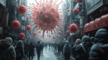 Frightened crowd of people in panic amid explosion of new Virus X or Disease X on street of metropolis - back view photo