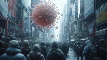 Frightened crowd of people in panic amid explosion of new Virus X or Disease X on street of metropolis - back view photo