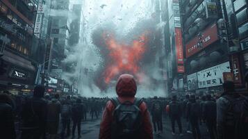 Frightened crowd of people in panic amid explosion of new Virus X or Disease X on street of metropolis - back view photo