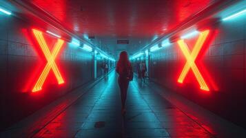 Lonely woman walking in underpass or corridor, concept of disease and virus X photo