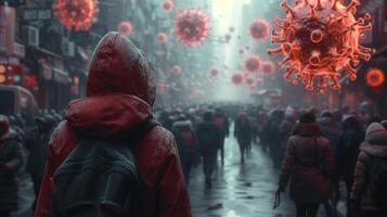 Frightened crowd of people in panic amid explosion of new Virus X or Disease X on street of metropolis - back view photo